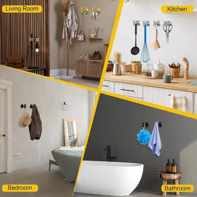 Alt view image 4 of 7 - 2 Pack Brushed Golden Towel Hooks, SUS304 Stainless Steel Bathroom Hooks | for Bedroom Kitchen Hotel Office
