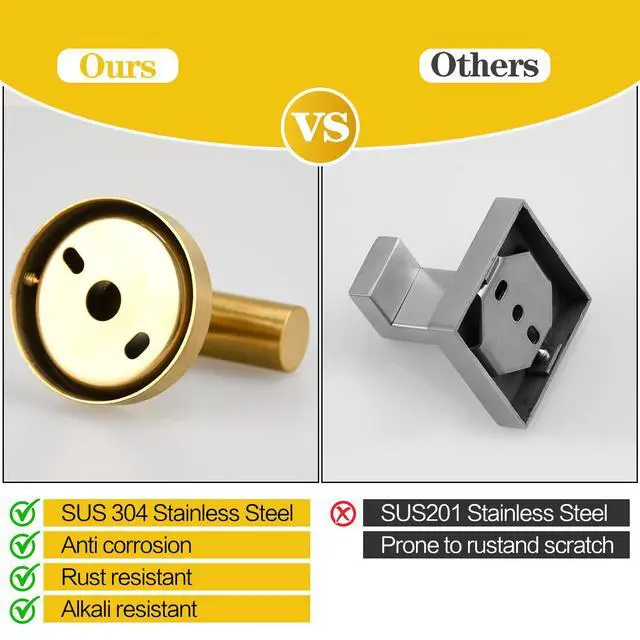 Alt view image 5 of 7 - 2 Pack Brushed Golden Towel Hooks, SUS304 Stainless Steel Bathroom Hooks | for Bedroom Kitchen Hotel Office