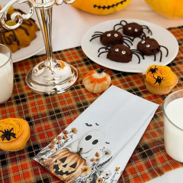 Alt view image 3 of 7 - Halloween Ghost Pumpkin Kitchen Towels, Fall Floral Halloween Dish Tea Towels for Kitchen Decor, Rustic Autumn Wildflower Botanical Decorative Hand Towel for Bathroom, 16x24 Inches