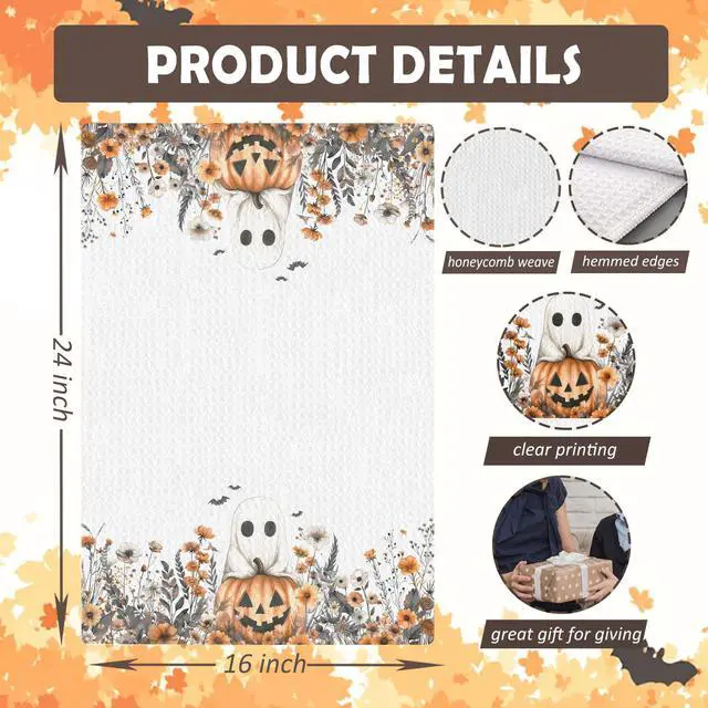 Alt view image 2 of 7 - Halloween Ghost Pumpkin Kitchen Towels, Fall Floral Halloween Dish Tea Towels for Kitchen Decor, Rustic Autumn Wildflower Botanical Decorative Hand Towel for Bathroom, 16x24 Inches