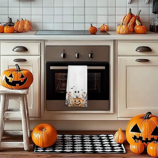 Alt view image 4 of 7 - Halloween Ghost Pumpkin Kitchen Towels, Fall Floral Halloween Dish Tea Towels for Kitchen Decor, Rustic Autumn Wildflower Botanical Decorative Hand Towel for Bathroom, 16x24 Inches