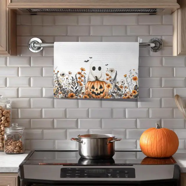 Alt view image 7 of 7 - Halloween Ghost Pumpkin Kitchen Towels, Fall Floral Halloween Dish Tea Towels for Kitchen Decor, Rustic Autumn Wildflower Botanical Decorative Hand Towel for Bathroom, 16x24 Inches