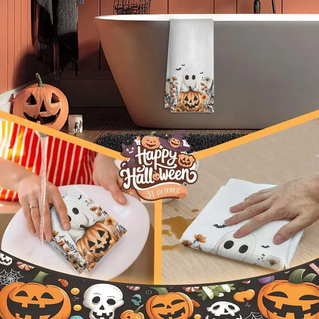 Alt view image 5 of 7 - Halloween Ghost Pumpkin Kitchen Towels, Fall Floral Halloween Dish Tea Towels for Kitchen Decor, Rustic Autumn Wildflower Botanical Decorative Hand Towel for Bathroom, 16x24 Inches