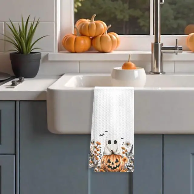 Alt view image 6 of 7 - Halloween Ghost Pumpkin Kitchen Towels, Fall Floral Halloween Dish Tea Towels for Kitchen Decor, Rustic Autumn Wildflower Botanical Decorative Hand Towel for Bathroom, 16x24 Inches