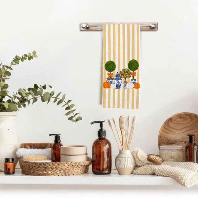 Alt view image 3 of 7 - Chinoiserie Fall Pumpkin Kitchen Towels, Fall Jar Topiary Hand Towel | Chinoiserie Fall Pumpkin Decorative Tea Dish Towels for Kitchen, Blue White Ginger Jar Bathroom Decor, 16x24in