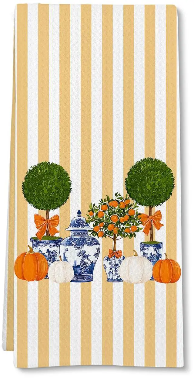 Main image of Chinoiserie Fall Pumpkin Kitchen Towels, Fall Jar Topiary Hand Towel | Chinoiserie Fall Pumpkin Decorative Tea Dish Towels for Kitchen, Blue White Ginger Jar Bathroom Decor, 16x24in
