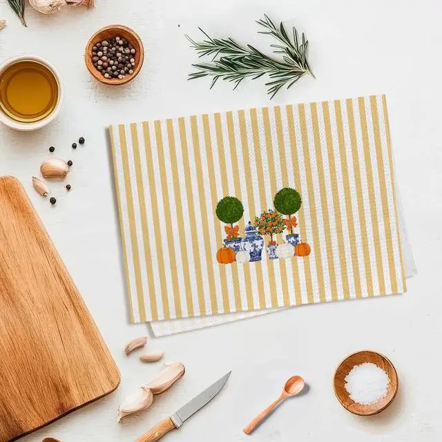 Alt view image 6 of 7 - Chinoiserie Fall Pumpkin Kitchen Towels, Fall Jar Topiary Hand Towel | Chinoiserie Fall Pumpkin Decorative Tea Dish Towels for Kitchen, Blue White Ginger Jar Bathroom Decor, 16x24in