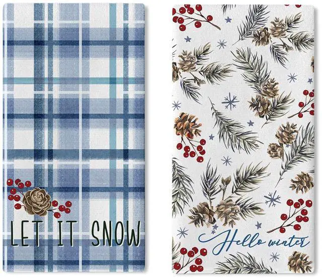 Main image of Hello Winter Blue Kitchen Dish Towels Set of 2, Let It Snow Pine Cone | Branches Red Berry Drying Towels Baking Cooking Cloth, Christmas Farmhouse Buffalo Plaid Home Kitchen Decoration 18 x 26