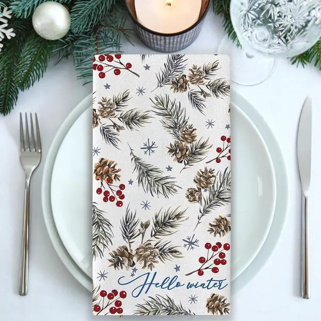 Alt view image 2 of 3 - Hello Winter Blue Kitchen Dish Towels Set of 2, Let It Snow Pine Cone | Branches Red Berry Drying Towels Baking Cooking Cloth, Christmas Farmhouse Buffalo Plaid Home Kitchen Decoration 18 x 26