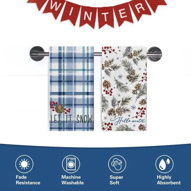 Alt view image 3 of 3 - Hello Winter Blue Kitchen Dish Towels Set of 2, Let It Snow Pine Cone | Branches Red Berry Drying Towels Baking Cooking Cloth, Christmas Farmhouse Buffalo Plaid Home Kitchen Decoration 18 x 26