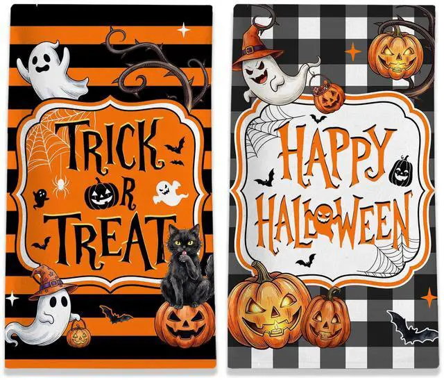 Main image of Halloween Kitchen Towels, Spooky Black Cat Towels Set of 2, Pumpkins Jack-O-Lantern Dish Hand Towel with Buffalo Plaid, Trick or Treat Decorations for Home, 18x26 Inches