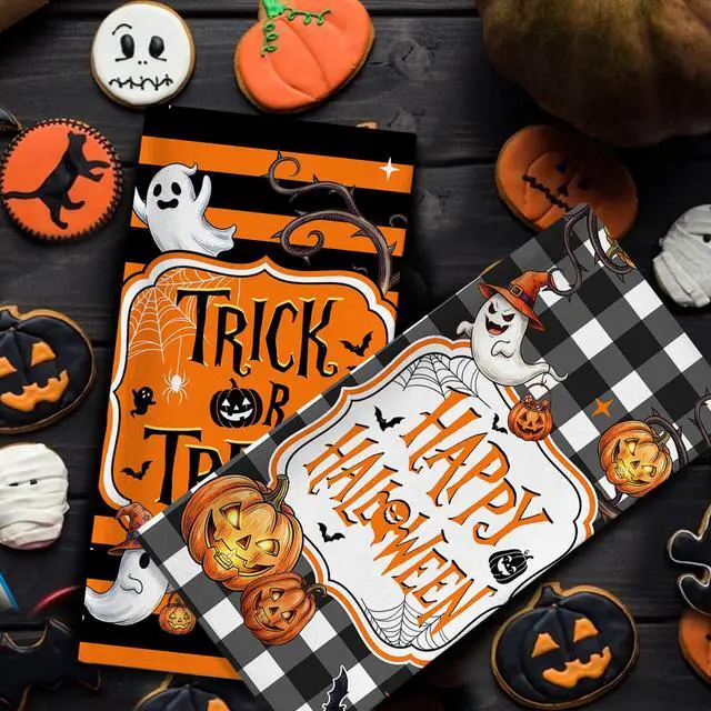 Alt view image 4 of 7 - Halloween Kitchen Towels, Spooky Black Cat Towels Set of 2, Pumpkins Jack-O-Lantern Dish Hand Towel with Buffalo Plaid, Trick or Treat Decorations for Home, 18x26 Inches