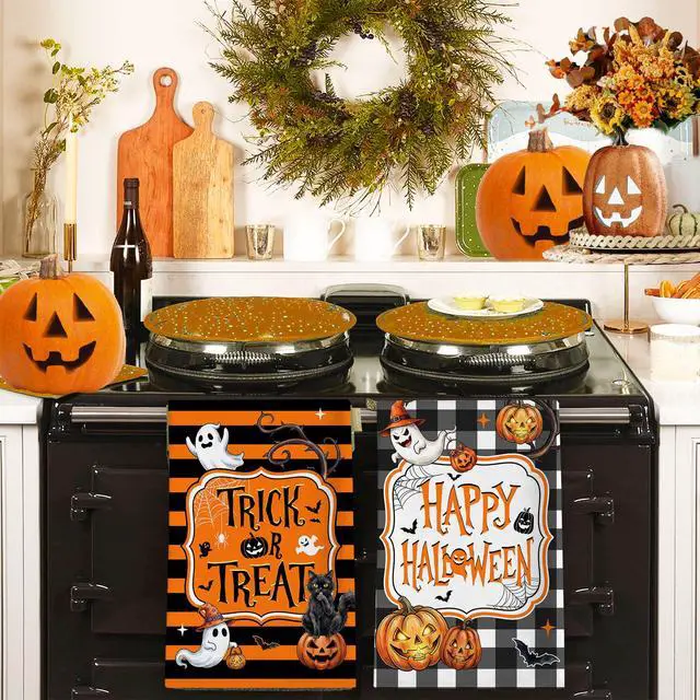 Alt view image 5 of 7 - Halloween Kitchen Towels, Spooky Black Cat Towels Set of 2, Pumpkins Jack-O-Lantern Dish Hand Towel with Buffalo Plaid, Trick or Treat Decorations for Home, 18x26 Inches