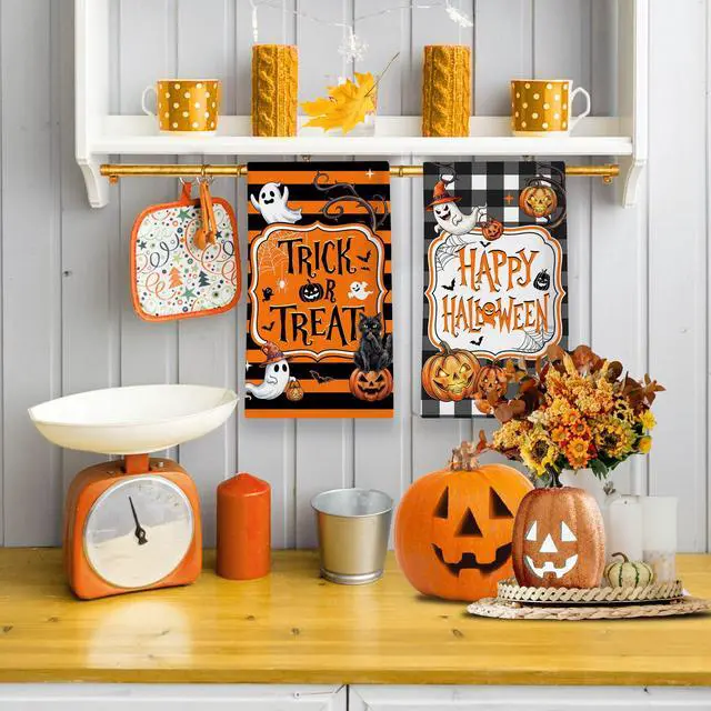 Alt view image 6 of 7 - Halloween Kitchen Towels, Spooky Black Cat Towels Set of 2, Pumpkins Jack-O-Lantern Dish Hand Towel with Buffalo Plaid, Trick or Treat Decorations for Home, 18x26 Inches