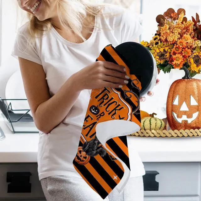 Alt view image 7 of 7 - Halloween Kitchen Towels, Spooky Black Cat Towels Set of 2, Pumpkins Jack-O-Lantern Dish Hand Towel with Buffalo Plaid, Trick or Treat Decorations for Home, 18x26 Inches