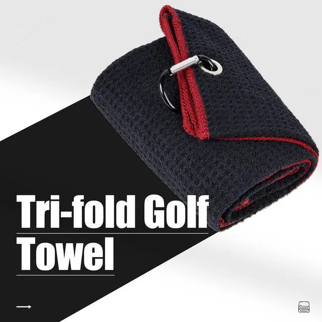 Alt view image 2 of 7 - Tri-fold Golf Towel | Premium Microfiber Fabric | Waffle Pattern | with Heavy Duty Carabiner Clip | Golf Towel for Men and Women (Black/Red)