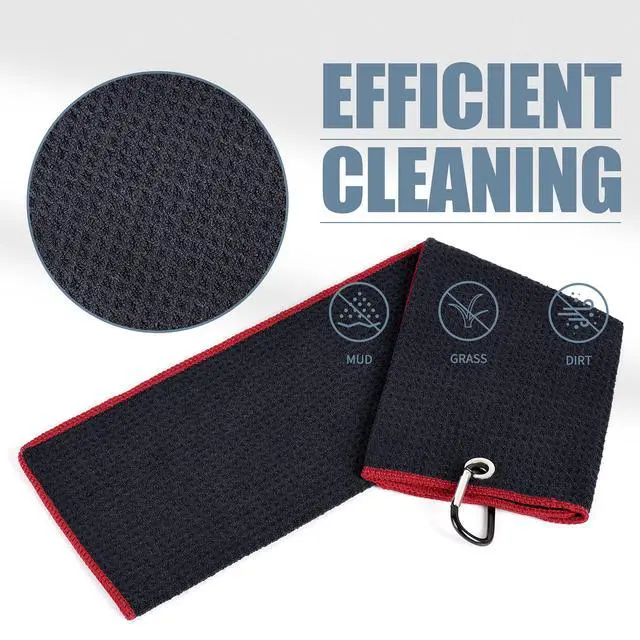 Alt view image 3 of 7 - Tri-fold Golf Towel | Premium Microfiber Fabric | Waffle Pattern | with Heavy Duty Carabiner Clip | Golf Towel for Men and Women (Black/Red)