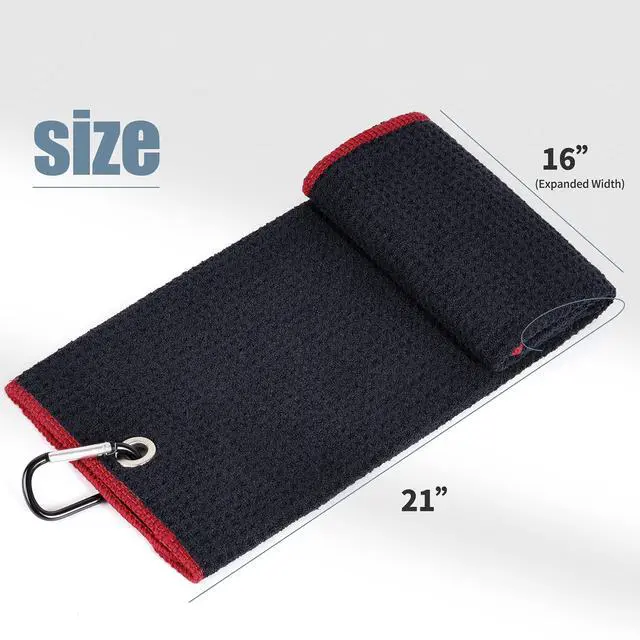 Alt view image 4 of 7 - Tri-fold Golf Towel | Premium Microfiber Fabric | Waffle Pattern | with Heavy Duty Carabiner Clip | Golf Towel for Men and Women (Black/Red)