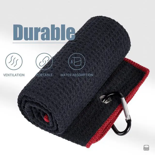 Alt view image 5 of 7 - Tri-fold Golf Towel | Premium Microfiber Fabric | Waffle Pattern | with Heavy Duty Carabiner Clip | Golf Towel for Men and Women (Black/Red)