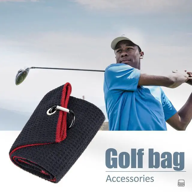 Alt view image 7 of 7 - Tri-fold Golf Towel | Premium Microfiber Fabric | Waffle Pattern | with Heavy Duty Carabiner Clip | Golf Towel for Men and Women (Black/Red)