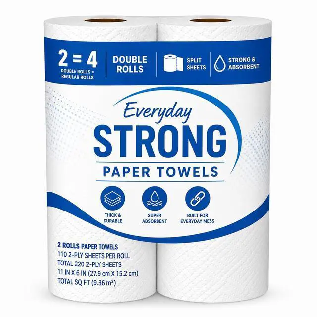 Main image of Paper Towels, 2 Double Rolls, 220 2-Ply Sheets | 220 Sheets per Roll, 2-Ply Thickness, Double Rolls, Absorbent Paper Towels