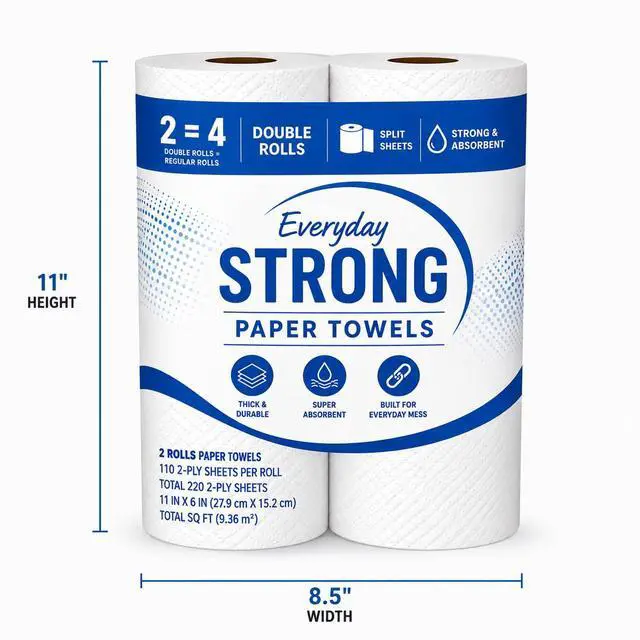 Alt view image 2 of 7 - Paper Towels, 2 Double Rolls, 220 2-Ply Sheets | 220 Sheets per Roll, 2-Ply Thickness, Double Rolls, Absorbent Paper Towels