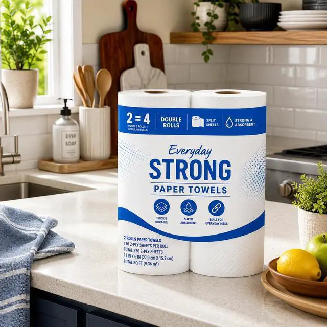 Alt view image 5 of 7 - Paper Towels, 2 Double Rolls, 220 2-Ply Sheets | 220 Sheets per Roll, 2-Ply Thickness, Double Rolls, Absorbent Paper Towels