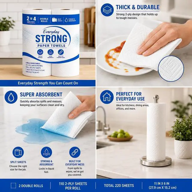 Alt view image 7 of 7 - Paper Towels, 2 Double Rolls, 220 2-Ply Sheets | 220 Sheets per Roll, 2-Ply Thickness, Double Rolls, Absorbent Paper Towels