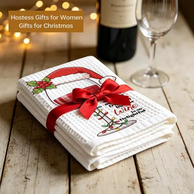 Alt view image 3 of 6 - Christmas Hat Xmas Wine Glass Tea Towel Christmas Hostess Gifts for Women | Funny Farmhouse Christmas Winter Wine Glass Decorative Tea Towel Housewarming Gift for Wine Lovers Women