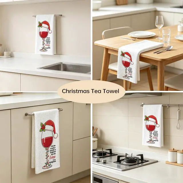 Alt view image 4 of 6 - Christmas Hat Xmas Wine Glass Tea Towel Christmas Hostess Gifts for Women | Funny Farmhouse Christmas Winter Wine Glass Decorative Tea Towel Housewarming Gift for Wine Lovers Women