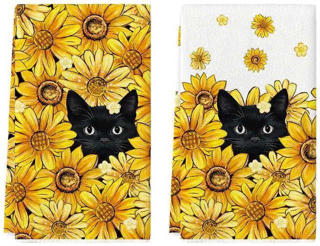 Main image of Sunflowers Bee Black Cat Summer Kitchen Towels Dish Towels, 18x26 Inch Farmhouse Decoration Cleaning Set of 2