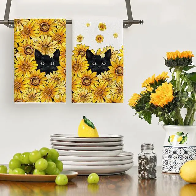 Alt view image 2 of 6 - Sunflowers Bee Black Cat Summer Kitchen Towels Dish Towels, 18x26 Inch Farmhouse Decoration Cleaning Set of 2