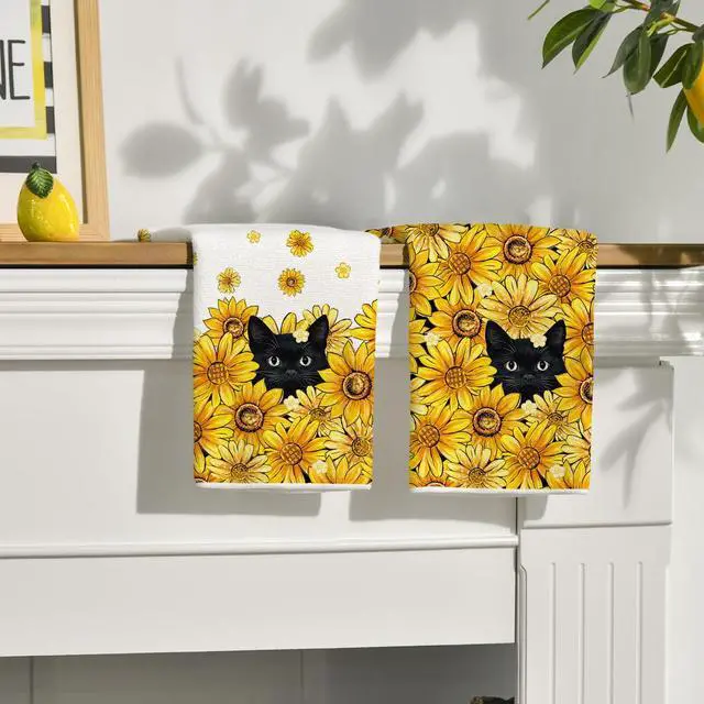 Alt view image 3 of 6 - Sunflowers Bee Black Cat Summer Kitchen Towels Dish Towels, 18x26 Inch Farmhouse Decoration Cleaning Set of 2