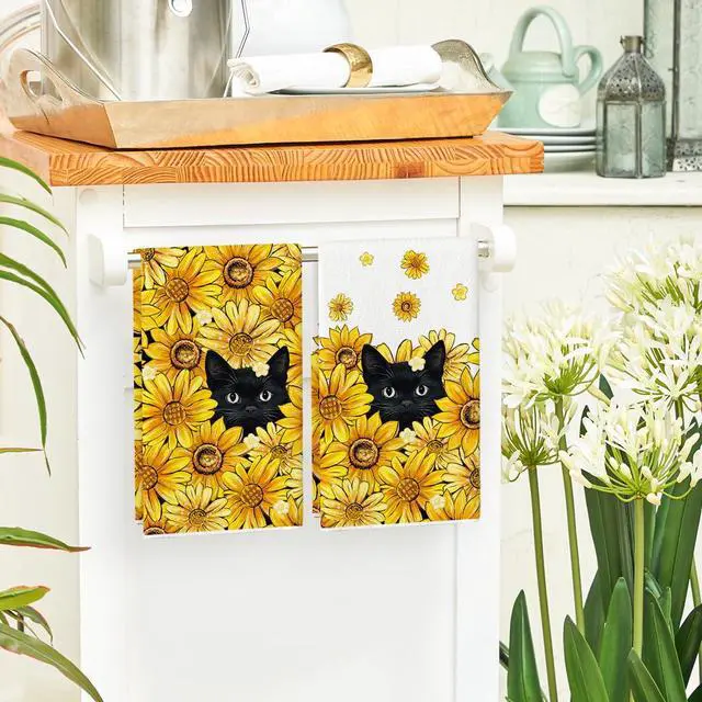Alt view image 4 of 6 - Sunflowers Bee Black Cat Summer Kitchen Towels Dish Towels, 18x26 Inch Farmhouse Decoration Cleaning Set of 2