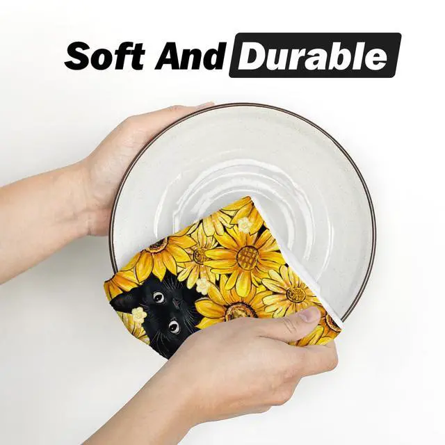 Alt view image 5 of 6 - Sunflowers Bee Black Cat Summer Kitchen Towels Dish Towels, 18x26 Inch Farmhouse Decoration Cleaning Set of 2