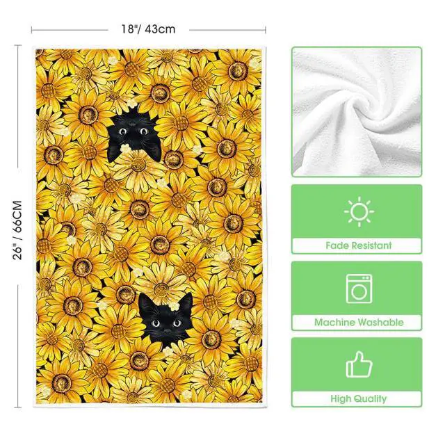 Alt view image 6 of 6 - Sunflowers Bee Black Cat Summer Kitchen Towels Dish Towels, 18x26 Inch Farmhouse Decoration Cleaning Set of 2