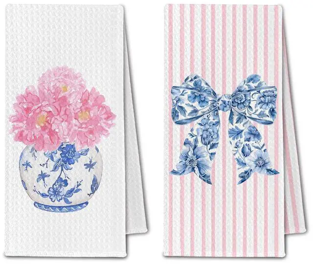 Main image of Chinoiserie Floral Kitchen Towels, Pink Coquette Bow Floral Hand Towels for Bathroom Set of 2, Blue and White Kitchen Decor, 16x24 Inch