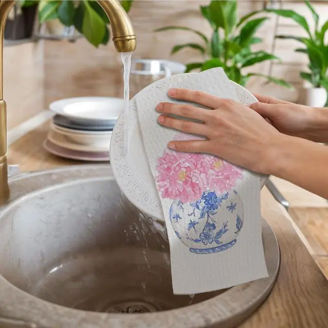 Alt view image 2 of 6 - Chinoiserie Floral Kitchen Towels, Pink Coquette Bow Floral Hand Towels for Bathroom Set of 2, Blue and White Kitchen Decor, 16x24 Inch