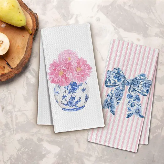 Alt view image 3 of 6 - Chinoiserie Floral Kitchen Towels, Pink Coquette Bow Floral Hand Towels for Bathroom Set of 2, Blue and White Kitchen Decor, 16x24 Inch