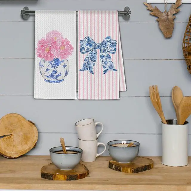 Alt view image 4 of 6 - Chinoiserie Floral Kitchen Towels, Pink Coquette Bow Floral Hand Towels for Bathroom Set of 2, Blue and White Kitchen Decor, 16x24 Inch