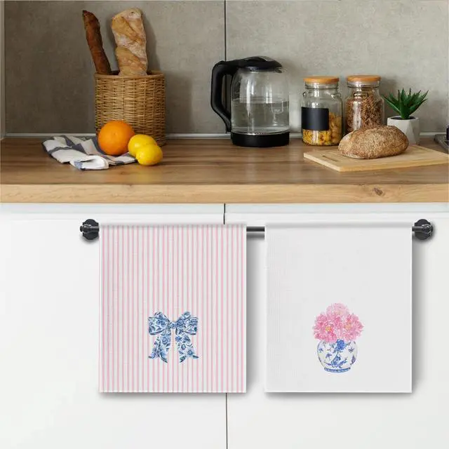 Alt view image 5 of 6 - Chinoiserie Floral Kitchen Towels, Pink Coquette Bow Floral Hand Towels for Bathroom Set of 2, Blue and White Kitchen Decor, 16x24 Inch