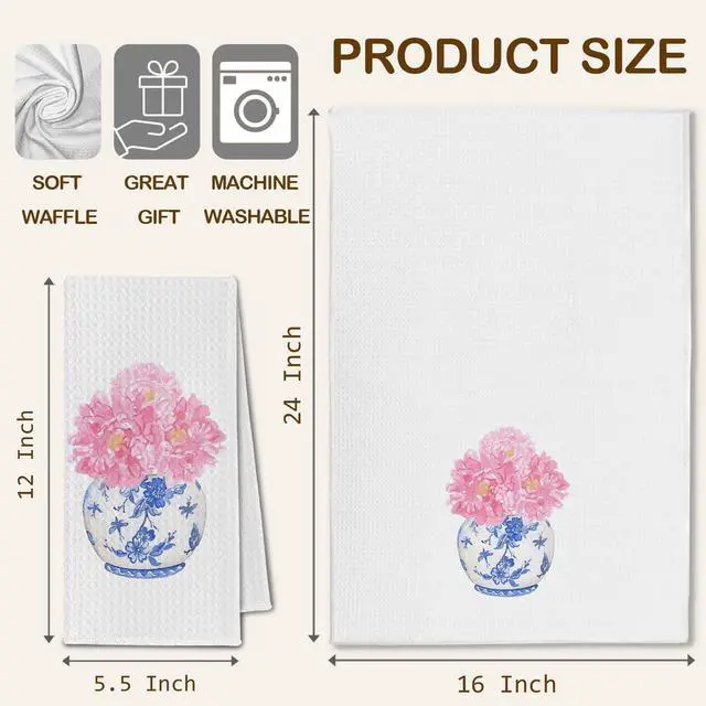 Alt view image 6 of 6 - Chinoiserie Floral Kitchen Towels, Pink Coquette Bow Floral Hand Towels for Bathroom Set of 2, Blue and White Kitchen Decor, 16x24 Inch