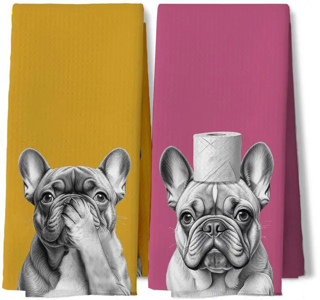Main image of Orange and Pink Funny French Bulldog Gifts Bathroom Hand Towels, French Bulldog Bathroom Decor, Frenchie Gifts Decorative Hand Tea Towels for Bath Room Washroom Restroom,16x24 Inches Set of 2