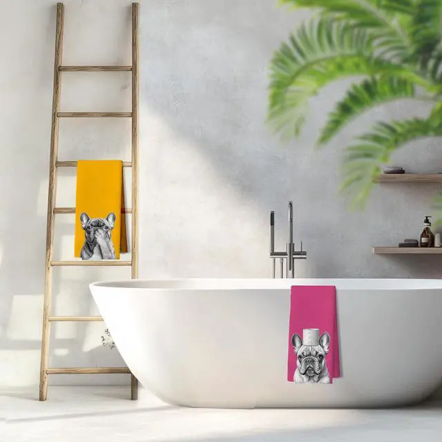 Alt view image 3 of 6 - Orange and Pink Funny French Bulldog Gifts Bathroom Hand Towels, French Bulldog Bathroom Decor, Frenchie Gifts Decorative Hand Tea Towels for Bath Room Washroom Restroom,16x24 Inches Set of 2