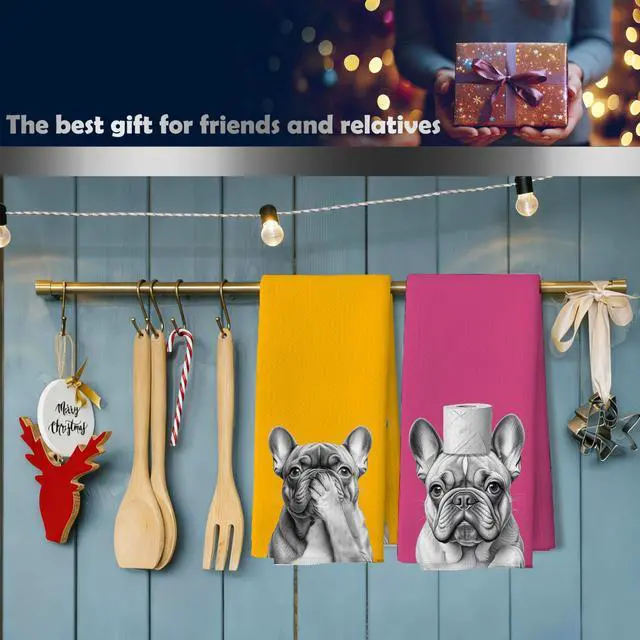 Alt view image 4 of 6 - Orange and Pink Funny French Bulldog Gifts Bathroom Hand Towels, French Bulldog Bathroom Decor, Frenchie Gifts Decorative Hand Tea Towels for Bath Room Washroom Restroom,16x24 Inches Set of 2