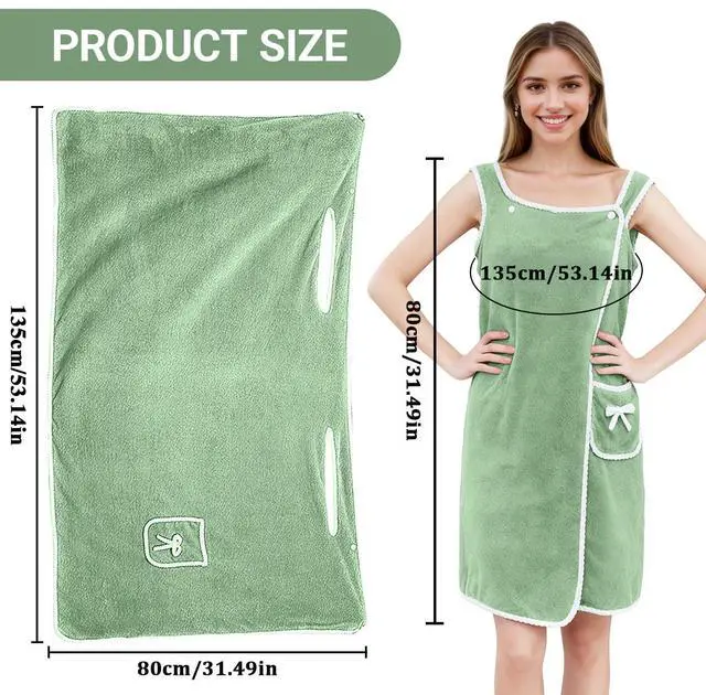 Alt view image 2 of 5 - Bath Towel Wrap, Adjustable Shower Spa Towel with Pocket Bow Tie, Quick Dry Soft Lightweight Bath Skirt Wearable Robe for Women(Dark Green)
