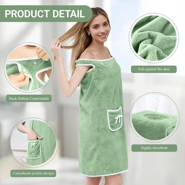 Alt view image 3 of 5 - Bath Towel Wrap, Adjustable Shower Spa Towel with Pocket Bow Tie, Quick Dry Soft Lightweight Bath Skirt Wearable Robe for Women(Dark Green)