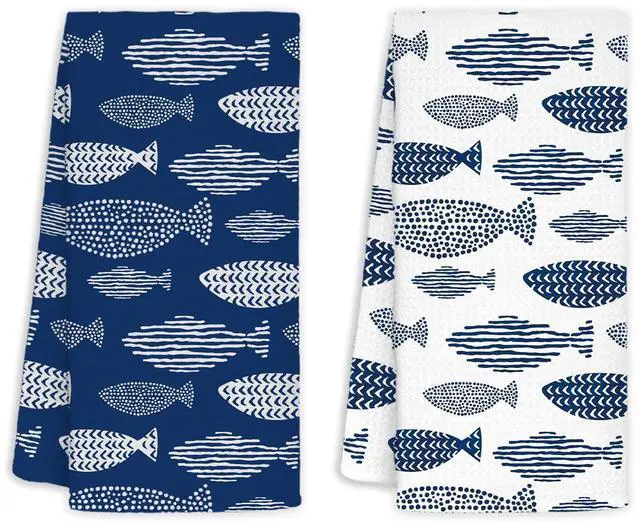 Main image of Coastal Beach Kitchen Towels Set of 2, Blue Fishing Beach Hand Towels for Bathroom, Fish Decor Dish Tea Towels, Coastal Kitchen Bathroom Decor, 16x24 Inch