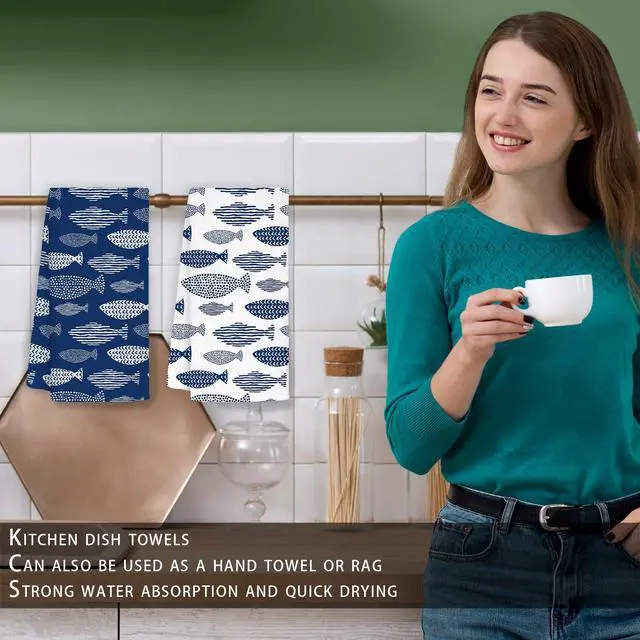 Alt view image 2 of 7 - Coastal Beach Kitchen Towels Set of 2, Blue Fishing Beach Hand Towels for Bathroom, Fish Decor Dish Tea Towels, Coastal Kitchen Bathroom Decor, 16x24 Inch