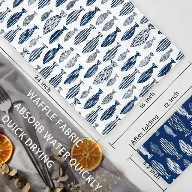 Alt view image 7 of 7 - Coastal Beach Kitchen Towels Set of 2, Blue Fishing Beach Hand Towels for Bathroom, Fish Decor Dish Tea Towels, Coastal Kitchen Bathroom Decor, 16x24 Inch